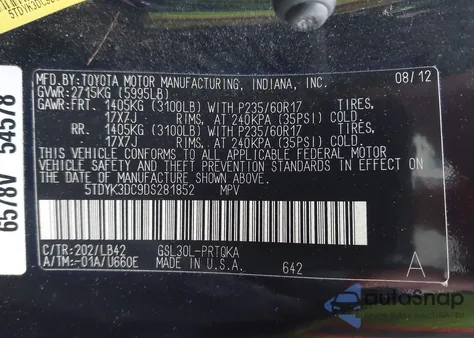 2013 Toyota Sienna Xle V6 8 Passenger из США, поврежденный, VIN 5TDYK3DC9DS281852